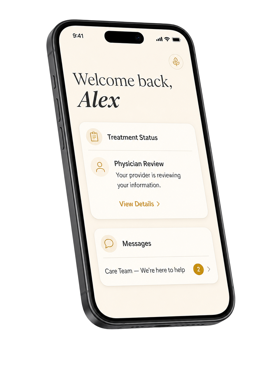 Happy Labs patient dashboard on a phone showing treatment status